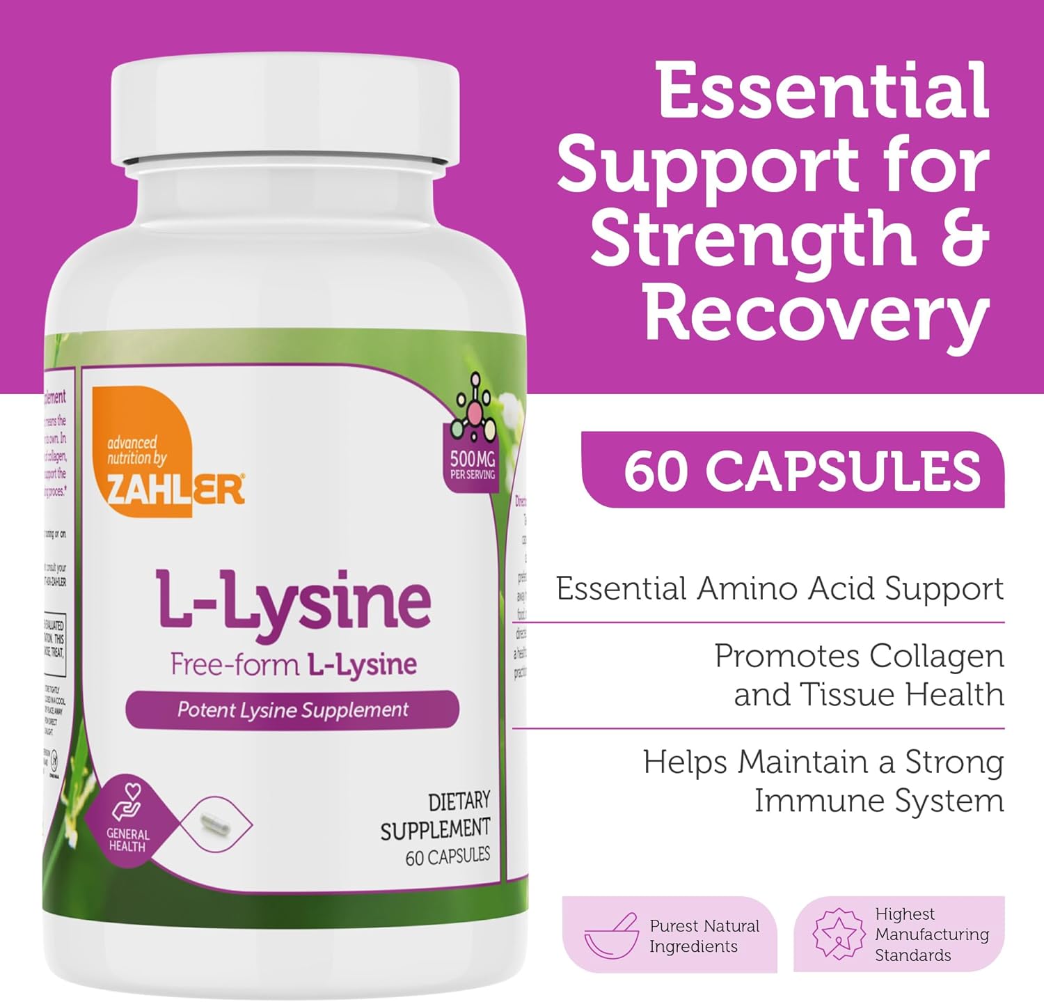 Zahler L-Lysine 500mg, Freeform L-Lysine Supplement, Kosher 60 Capsules