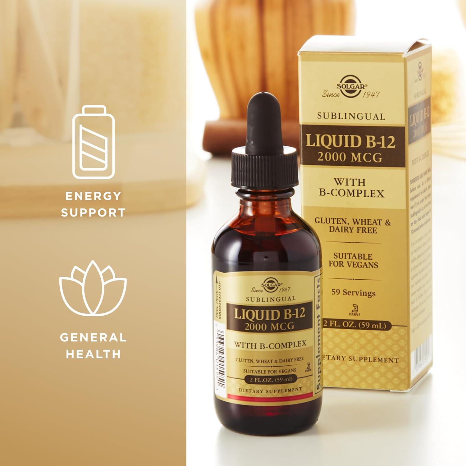 Solgar Sublingual Liquid B-12 2000 mcg with B-Complex - 2 fl oz - Supports Production of Energy, Red Blood Cells, Healthy Nervous System & Heart Health