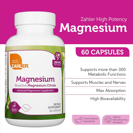 Zahler - Magnesium Supplement Capsules 200 mg (60 Count) Natural Magnesium Mineral for Men & Women
