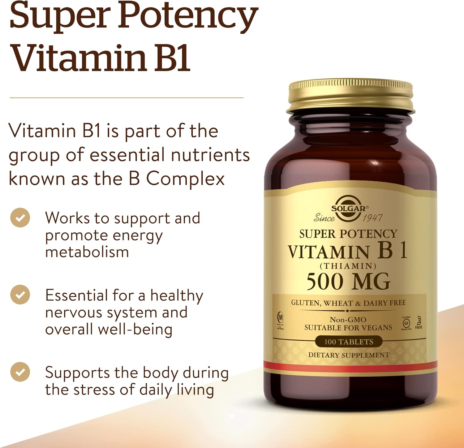 Solgar Vitamin B1 (Thiamin) 500 Mg, 100 Tablets - Energy Metabolism, Healthy Nervous System