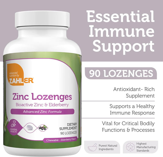 Zahler Elderberry Zinc Lozenges for Adults & Kids - Delicious Chewable Zinc & Sambucus Elderberry Lozenges for Immune Support - Kosher, Made in USA - Zinc Supplements for Men & Women (90 Count)