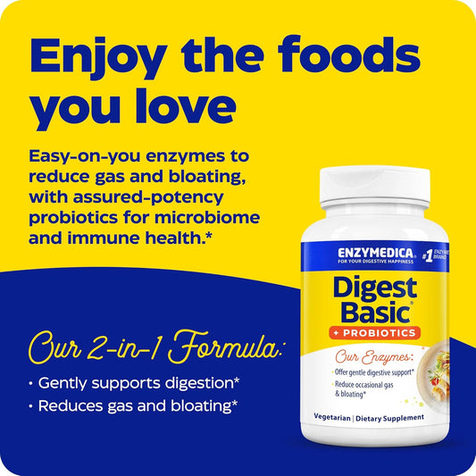 Enzymedica, Digest Basic + Probiotics, Gentle Digestive Enzymes with 400 Million CFU Active Cultures per Capsule, 90 Count