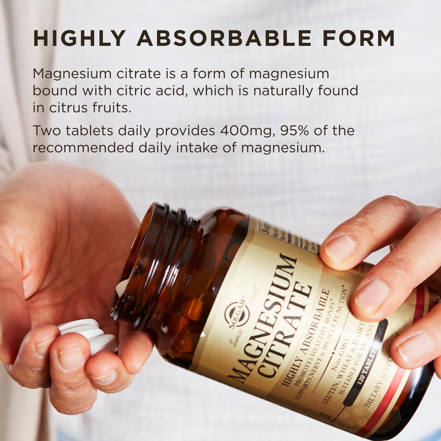 Solgar Magnesium Citrate, 60 Tablets - Promotes Healthy Bones - Supports Nerve & Muscle Function - Non GMO, Vegan, Gluten Free, Dairy Free, Kosher - 60 Servings, Standard Packaging