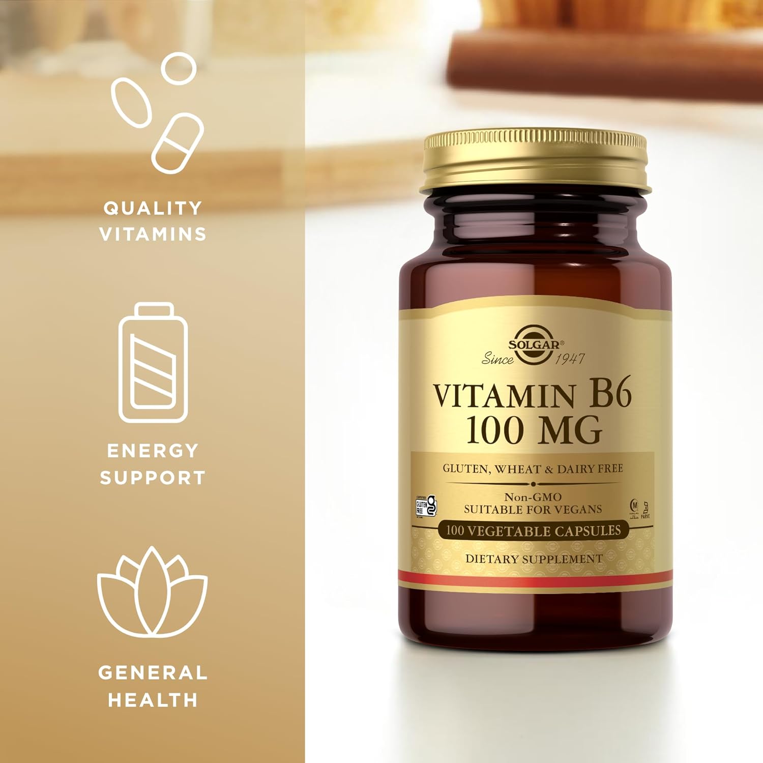 SOLGAR Vitamin B6 100 mg - 100 Vegetable Capsules - Non-GMO, Vegan, Gluten Free, Dairy Free, Kosher, Halal - 100 Servings
