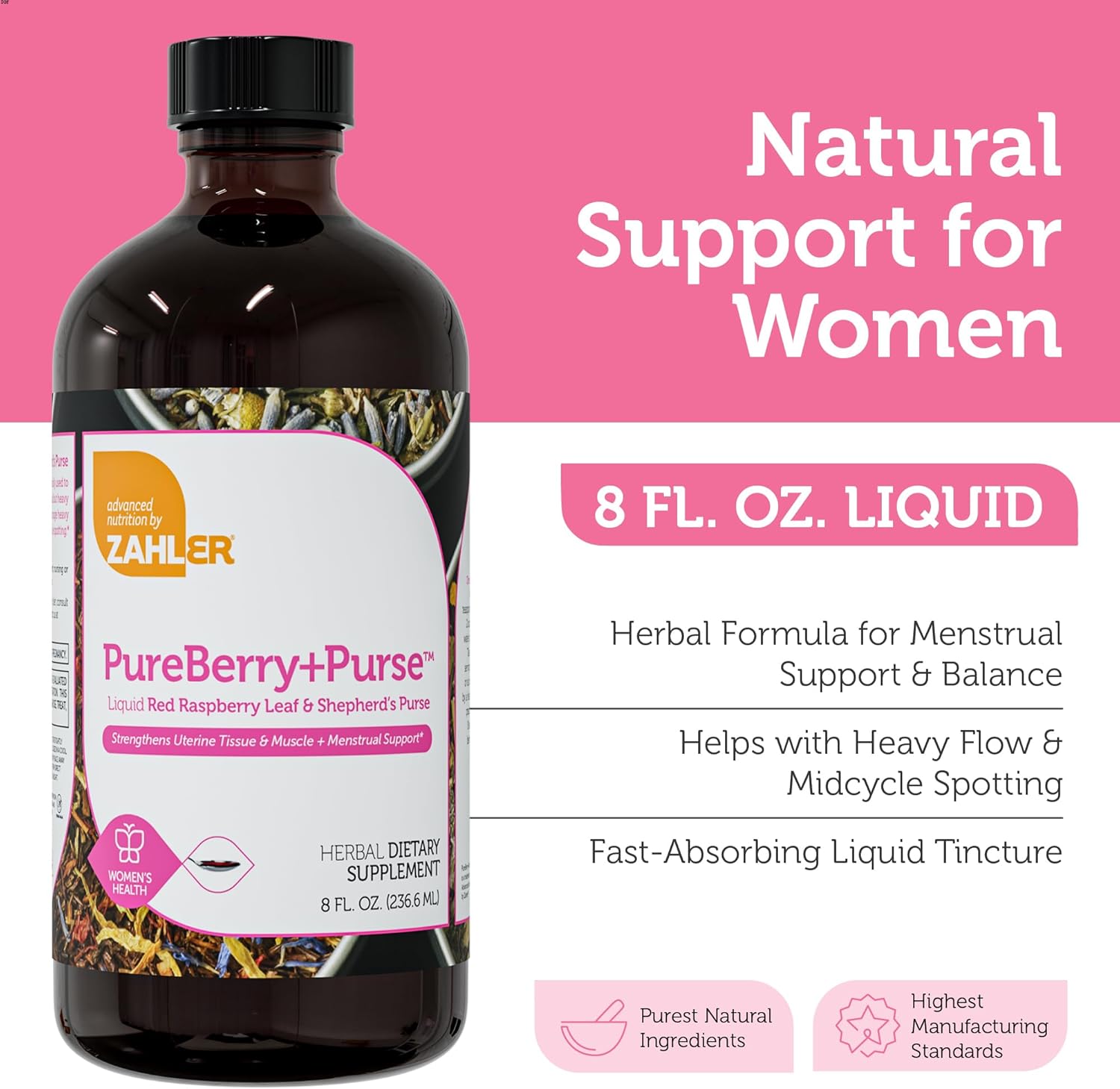 Zahler PureBerry+Purse, Liquid Raspberry Leaf & Sheperd's Purse, Strengthens Uterine Tissue, Certified Kosher, 8OZ