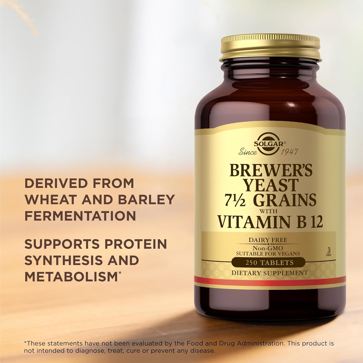 Solgar Brewer's Yeast 7 ½ Grains with Vitamin B12 - 250 Tablets - Non-GMO, Vegan, Dairy Free, Kosher - 41 Servings