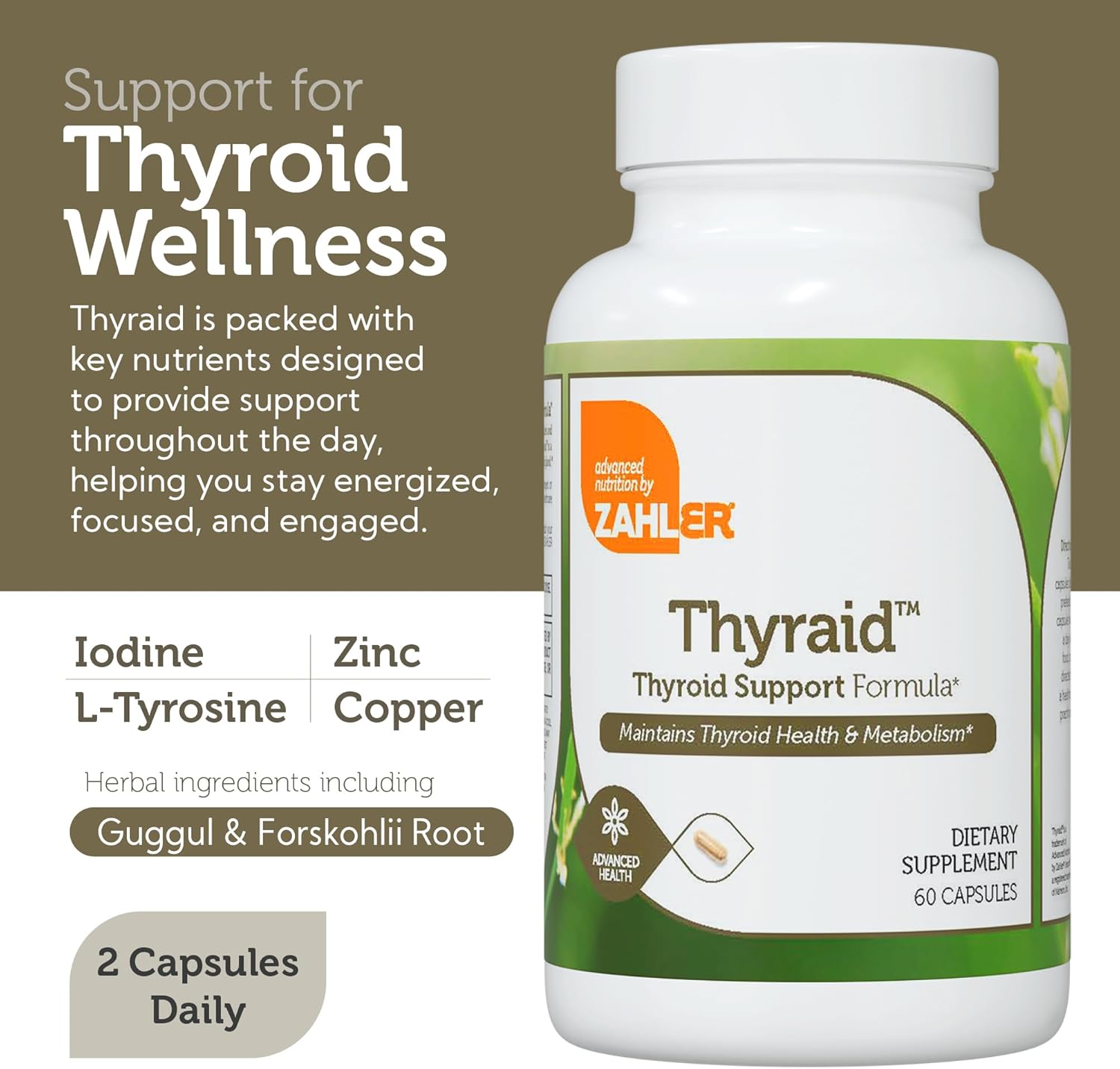 Zahler Thyraid - Thyroid Support Complex with Iodine, Zinc, L-Tyrosine, Ashwagandha, Forskholii - Pure Thyroid Support for Women and Men Thyroid Supplement (60 Capsules)