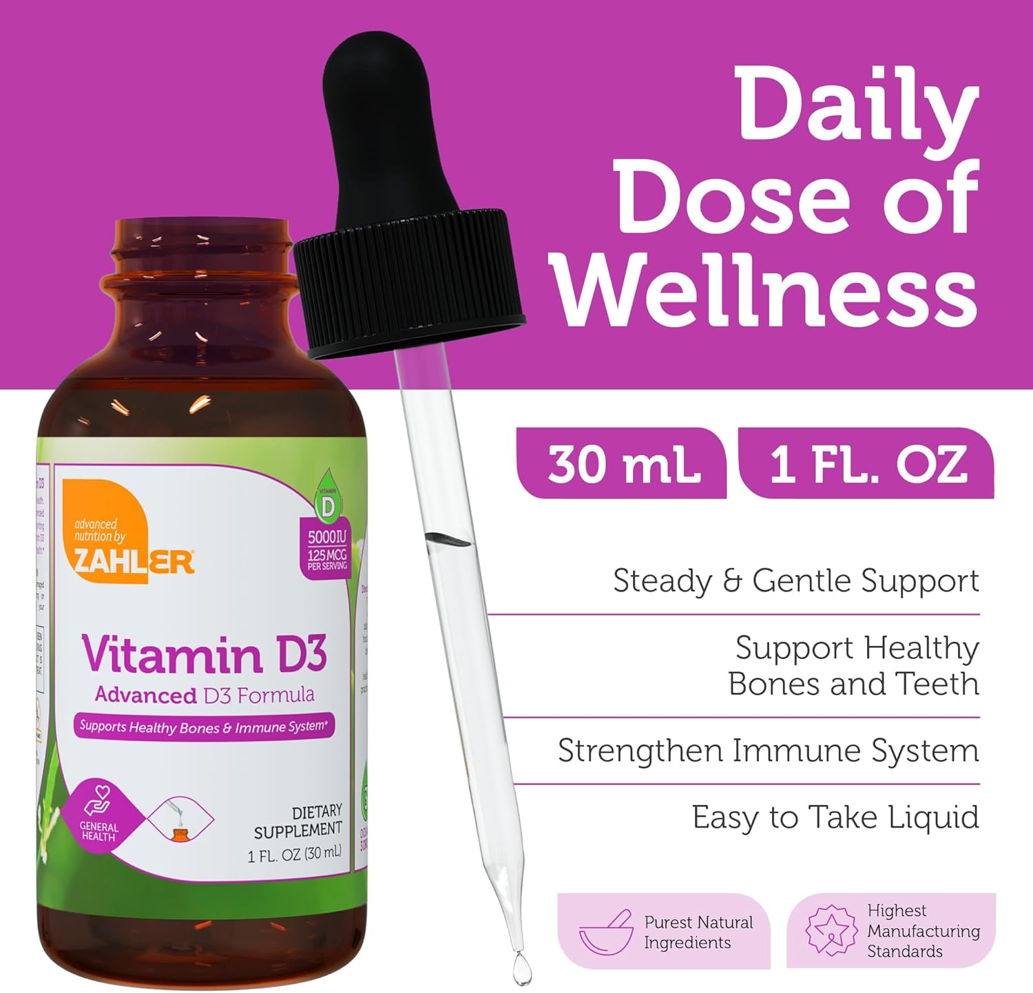 Zahler Liquid Vitamin D3 5000 IU - for Adults Bone & Immune Health - Vitamin D3 Supplements for Women & Men (1 fl oz)