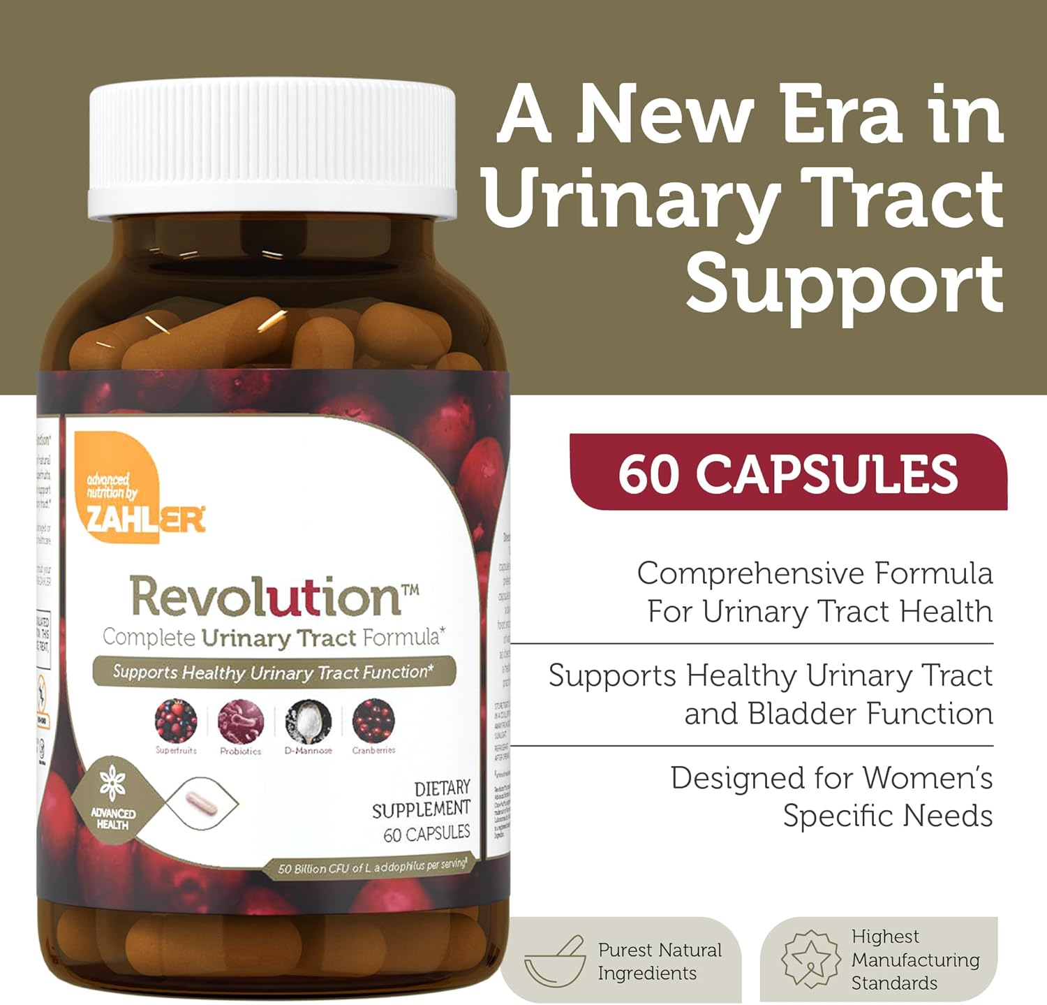 Zahler Revolution - Complete Womens Urinary Tract Health Formula with Probiotics - UTI Pills - 1200mg D-Mannose and Cranberry Supplement -(60 Capsules)