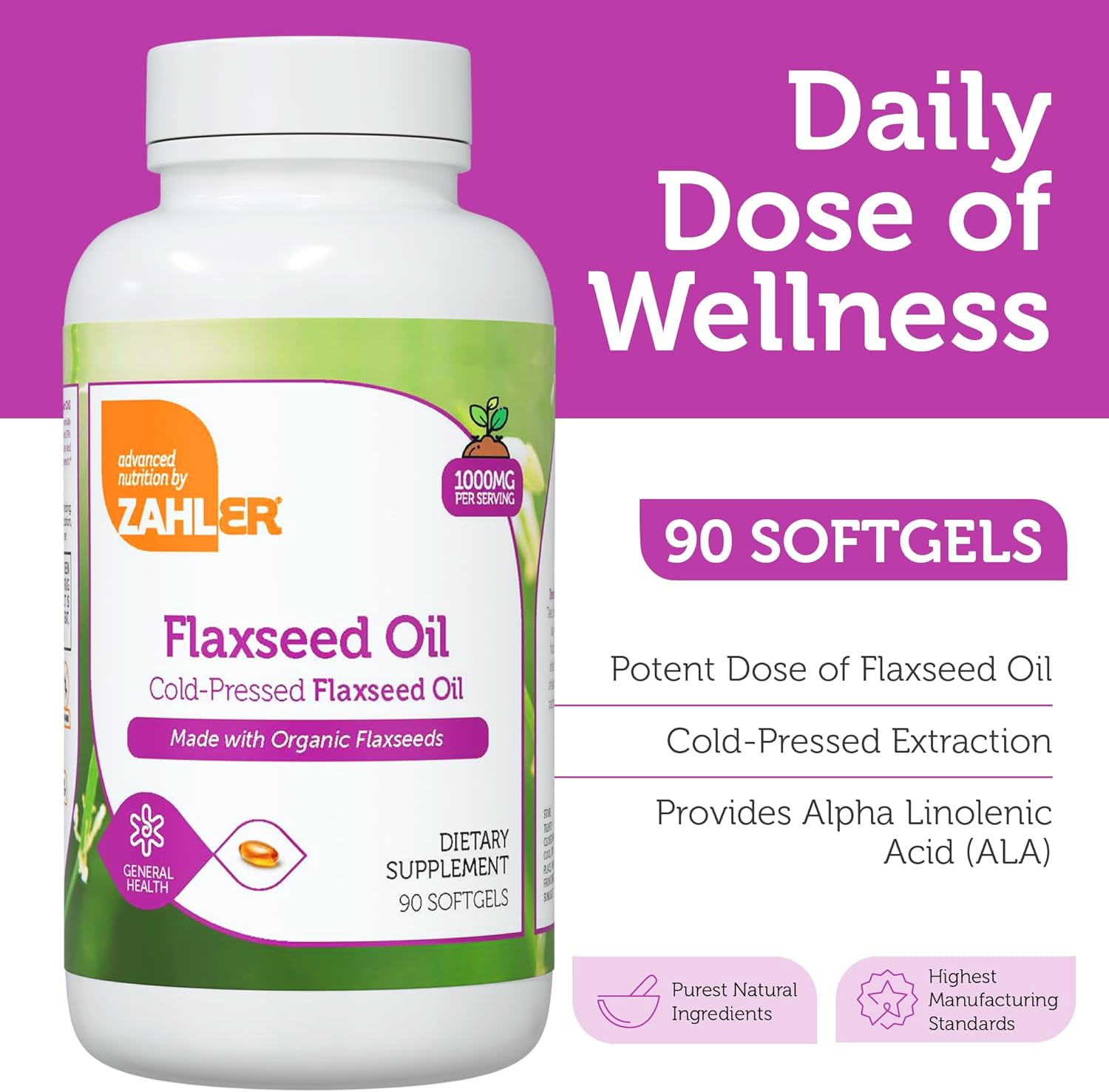 Zahler Organic Flaxseed Oil - 1000mg Softgels - Organic Omega 3 ALA Supplement -(90 Count)