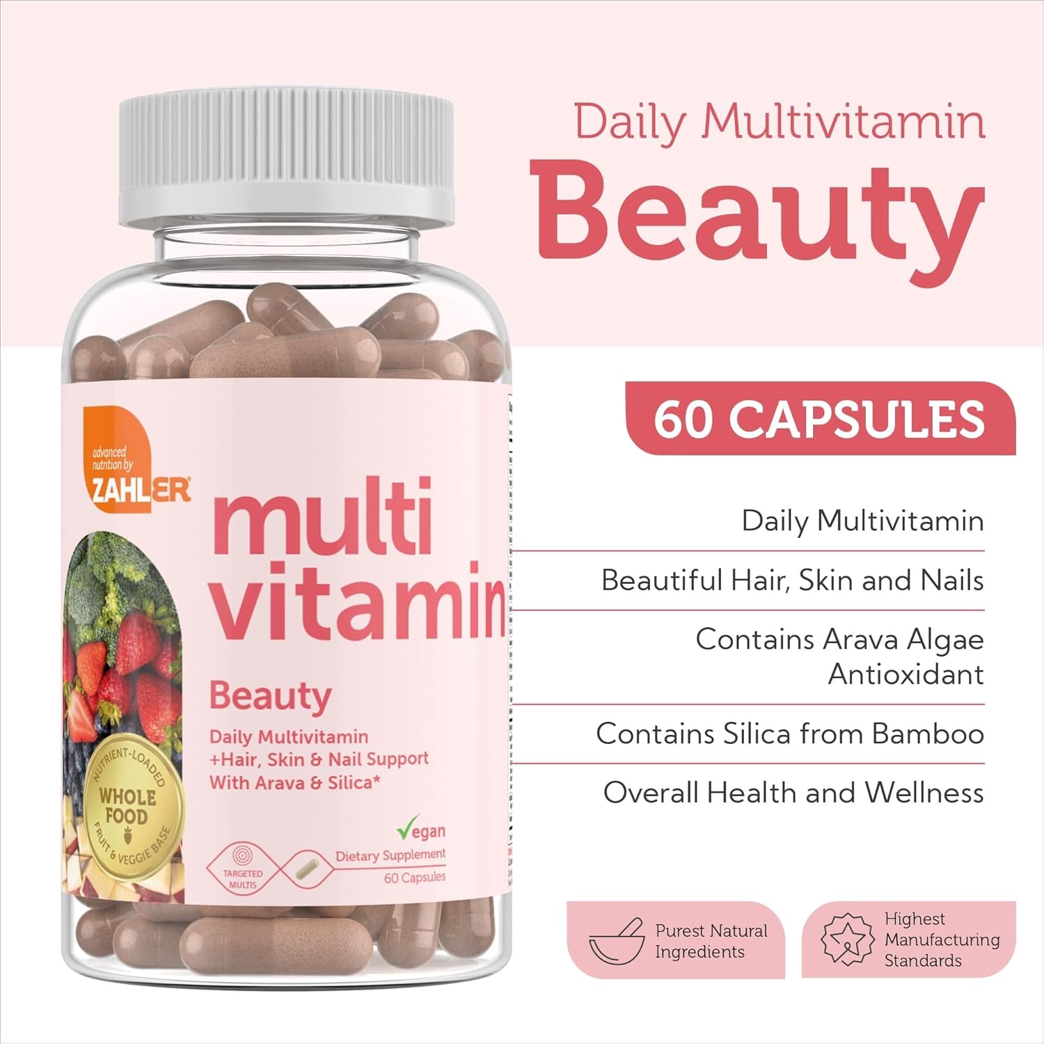 Zahler Multivitamin Beauty + Skin Hair and Nails Support, Multivitamin for Women and Men with Iron, Certified Kosher, 60 Capsules