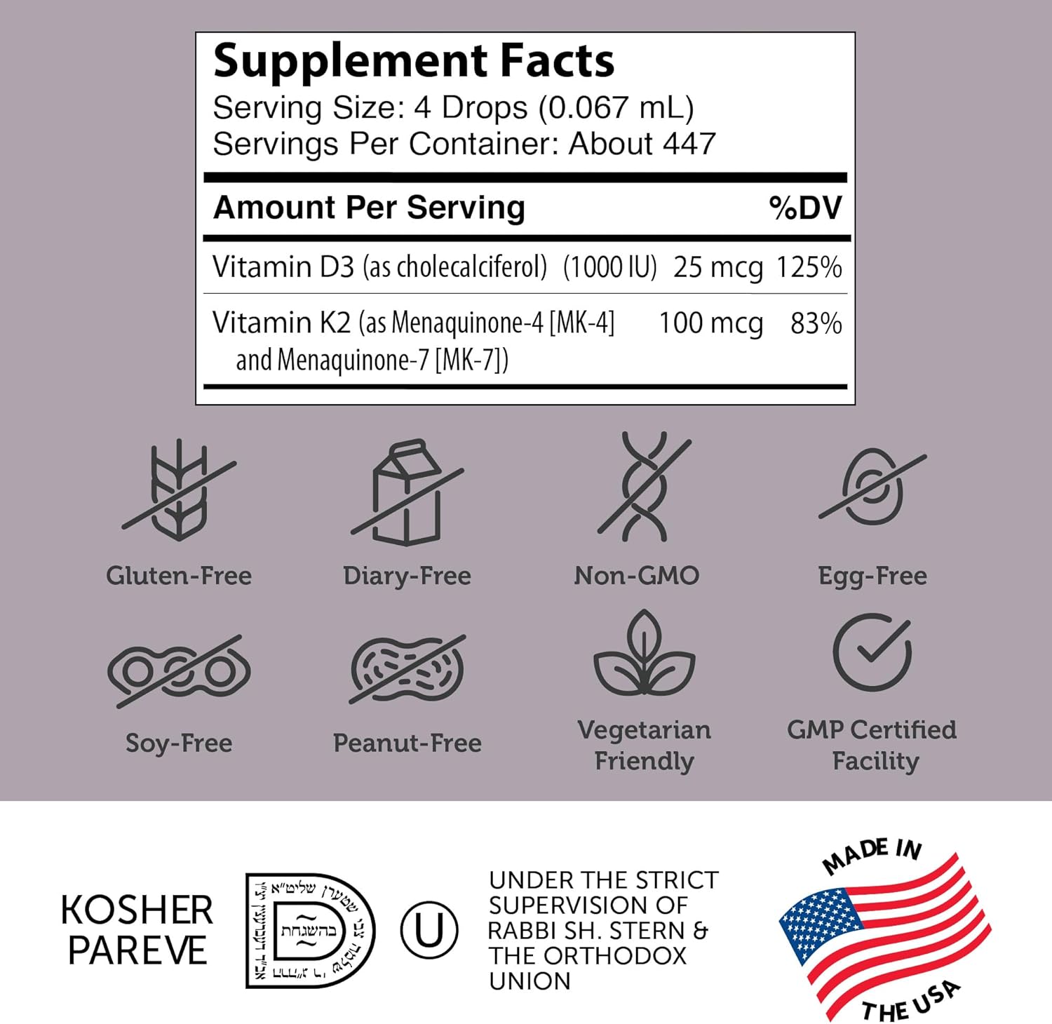 Zahler Vitamin D3 K2 Drops, Liquid D3 with K2 Supports Bone Density and Calcium Absoprtion, 1Fl Oz.