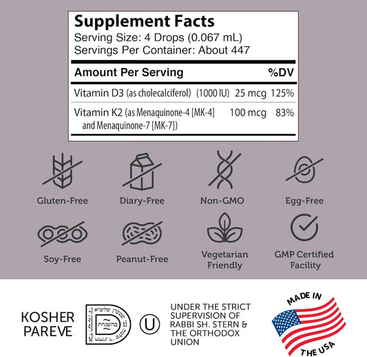 Zahler Vitamin D3 K2 Drops, Liquid D3 with K2 Supports Bone Density and Calcium Absoprtion, 1Fl Oz.