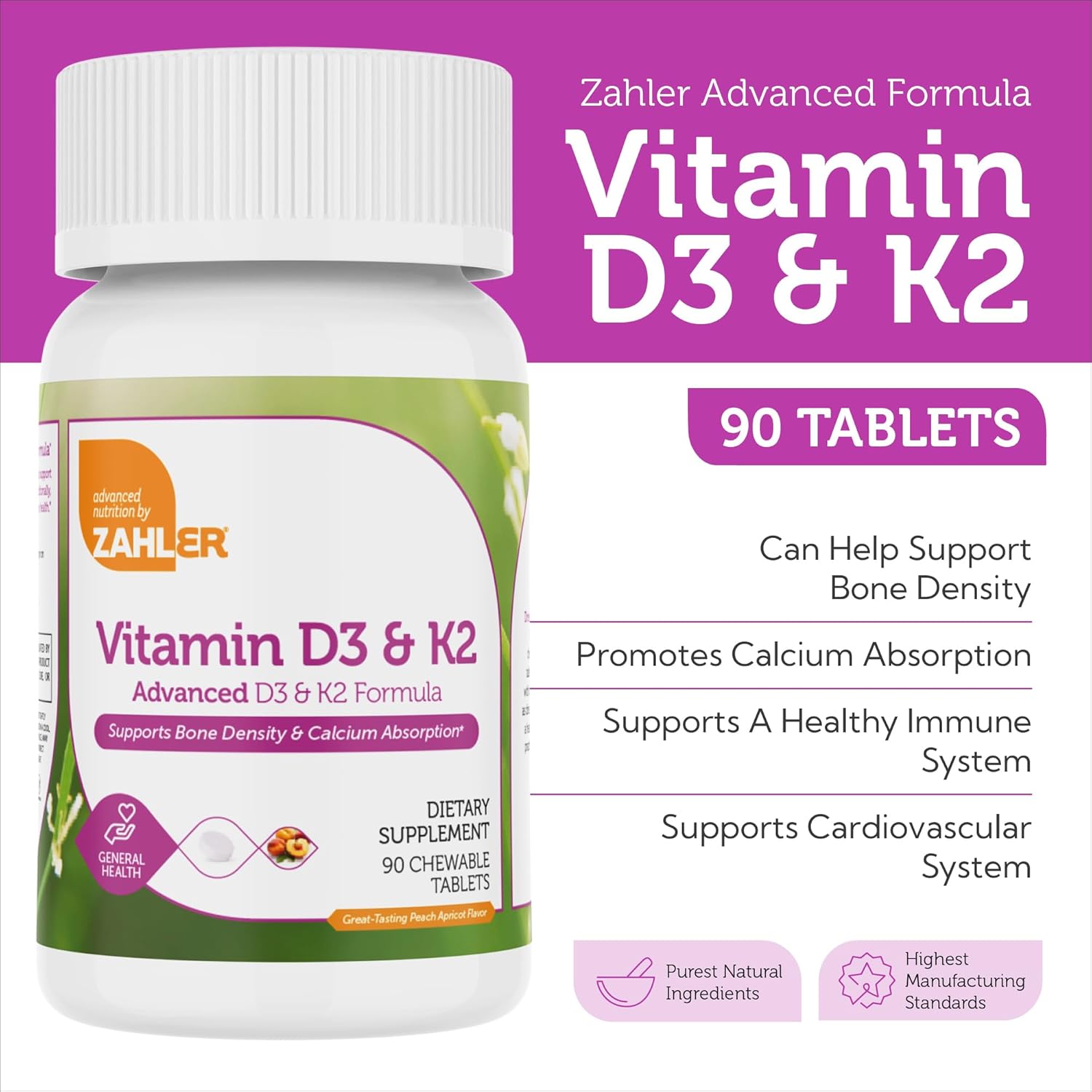 Zahler - Vitamin D3 & K2 Chewable Supplement (90 Count) for Calcium Absorption, Bone Density & Immune Support