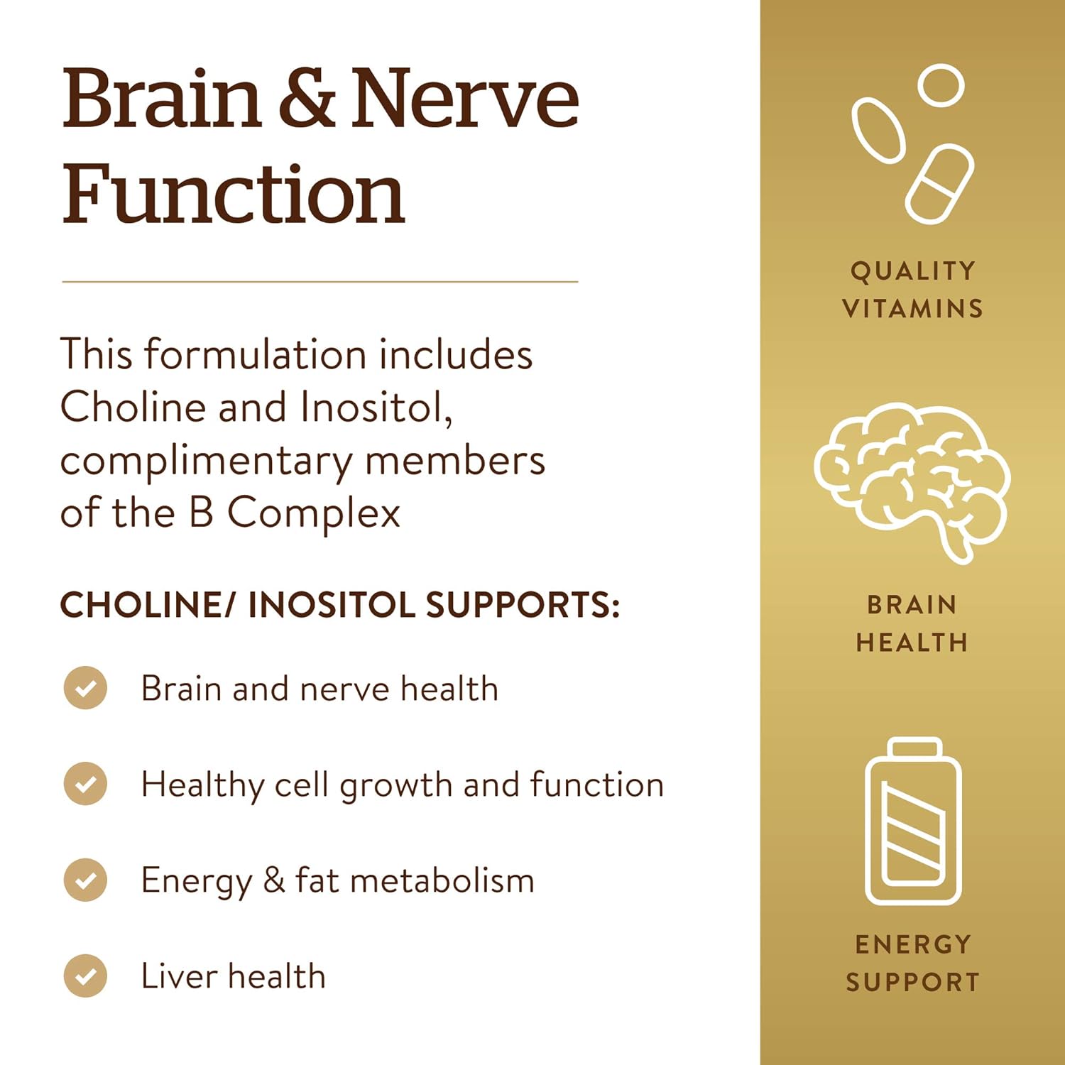 Solgar Choline/Inositol 500 mg/500 mg, 100 Vegetable Capsules - Energy Metabolism, Liver Health, Essential for Brain & Nerve Function