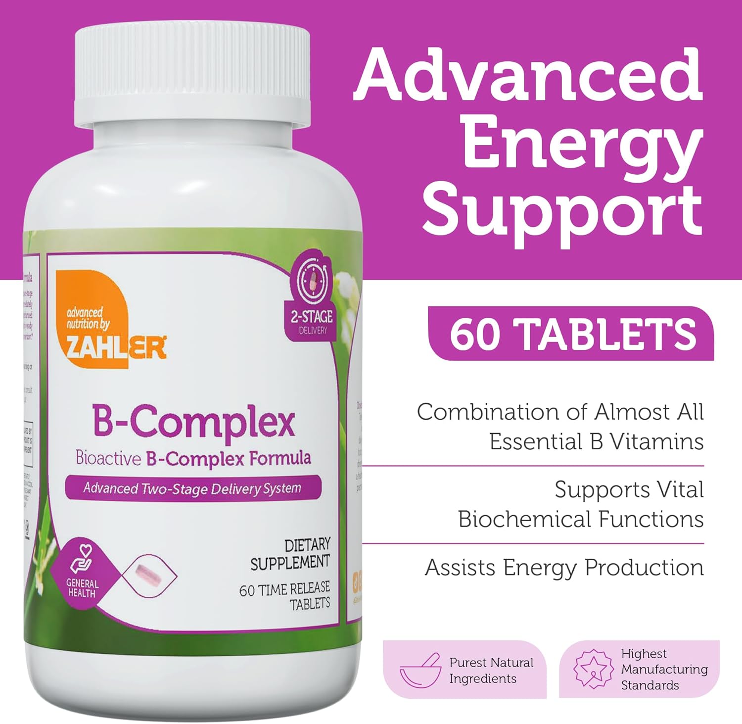 Zahler B-Complex Vitamins for Women & Men - Vitamin B Complex  Advanced 2-Stage Delivery System (60 Tablets)