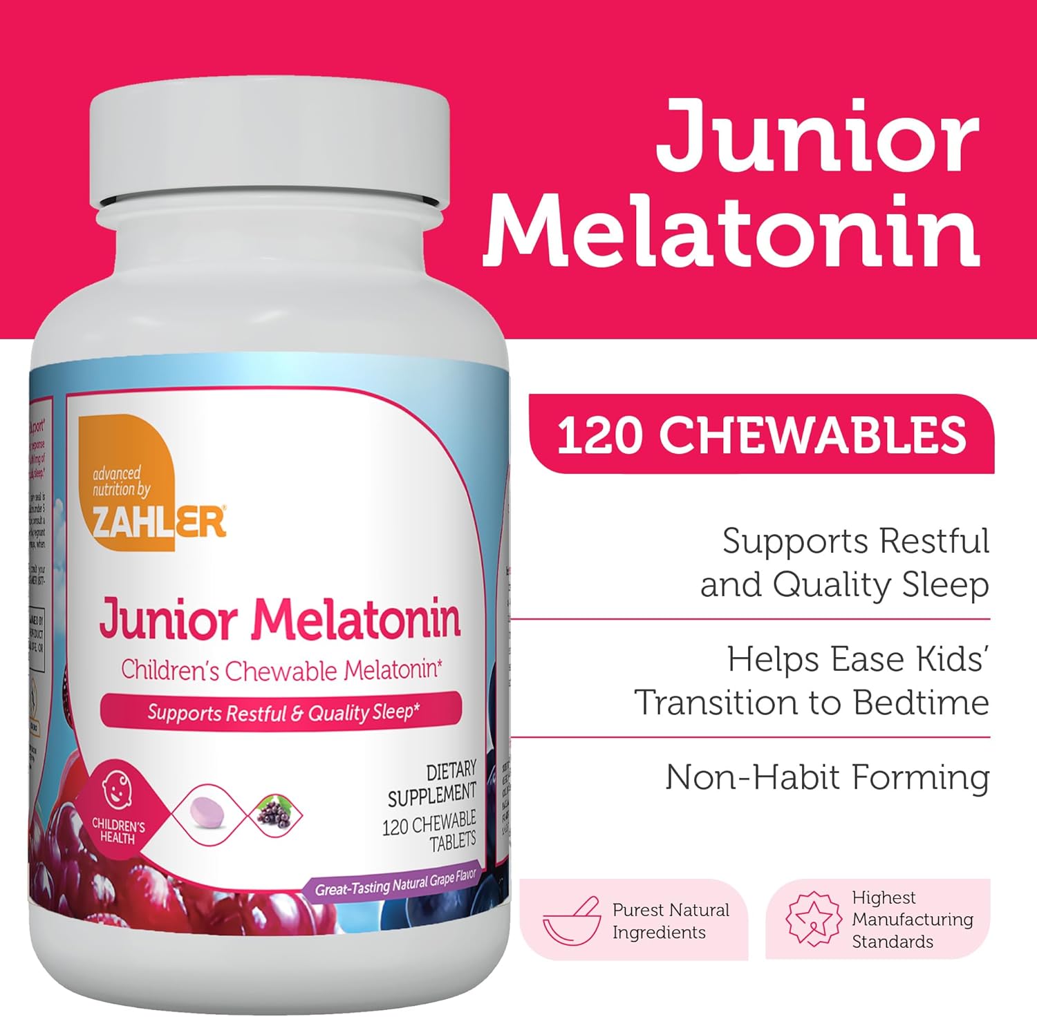 Zahler 1MG Children's Melatonin for Kids - Sleep Support and Quality Rest for Ages 4+ Delicious Natural Grape Flavor Childrens Melatonin 1 MG (120)