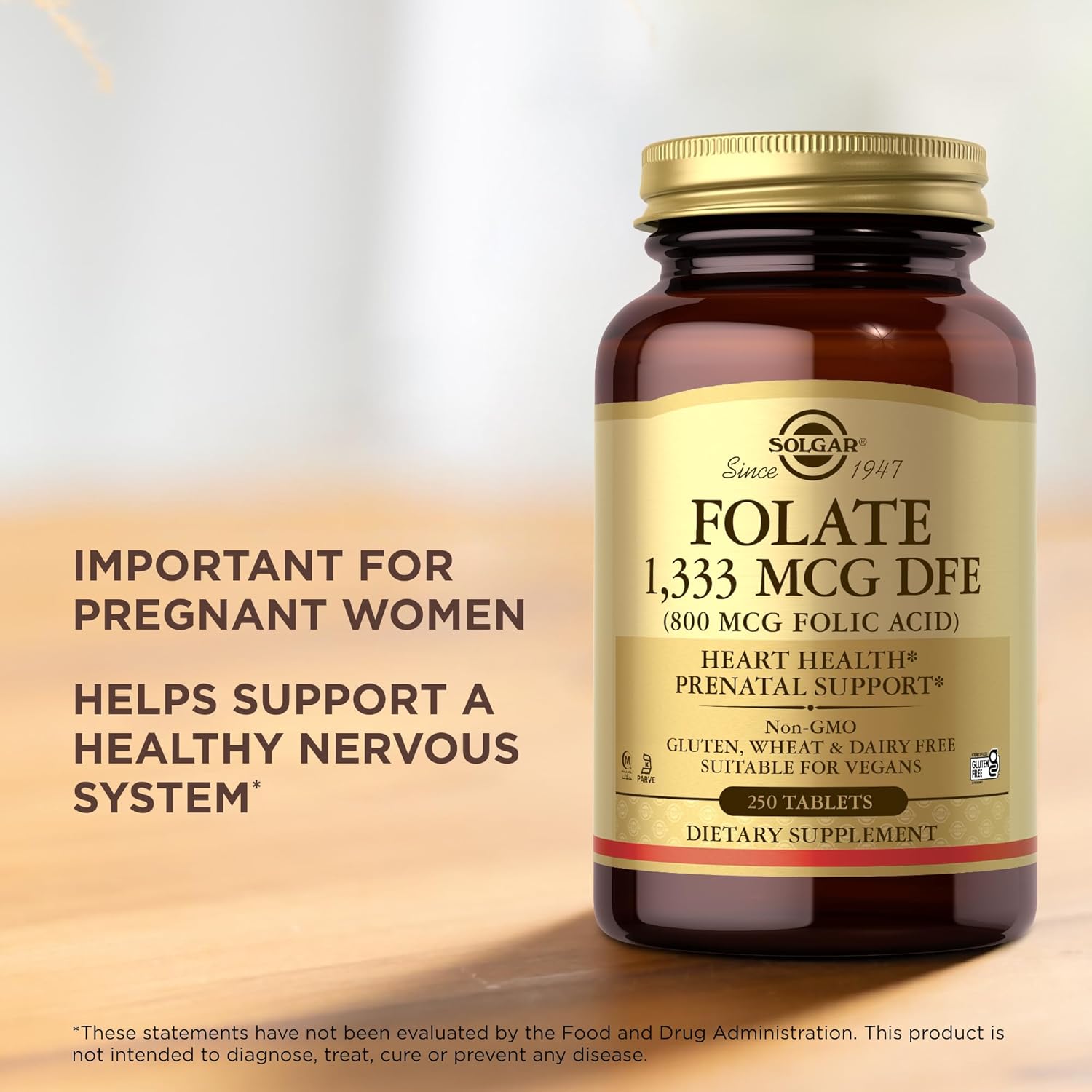 SOLGAR Folate 1,333 mcg DFE (Folic Acid 800 mcg) - 250 Tablets - Prenatal Support