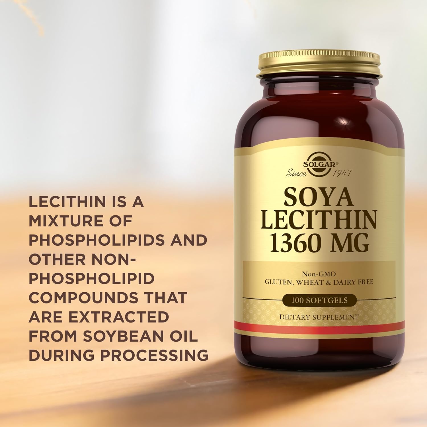 Solgar Soya Lecithin 1360 mg - 100 Softgels - Source of Choline - Gluten Free, Dairy Free - 100 Servings