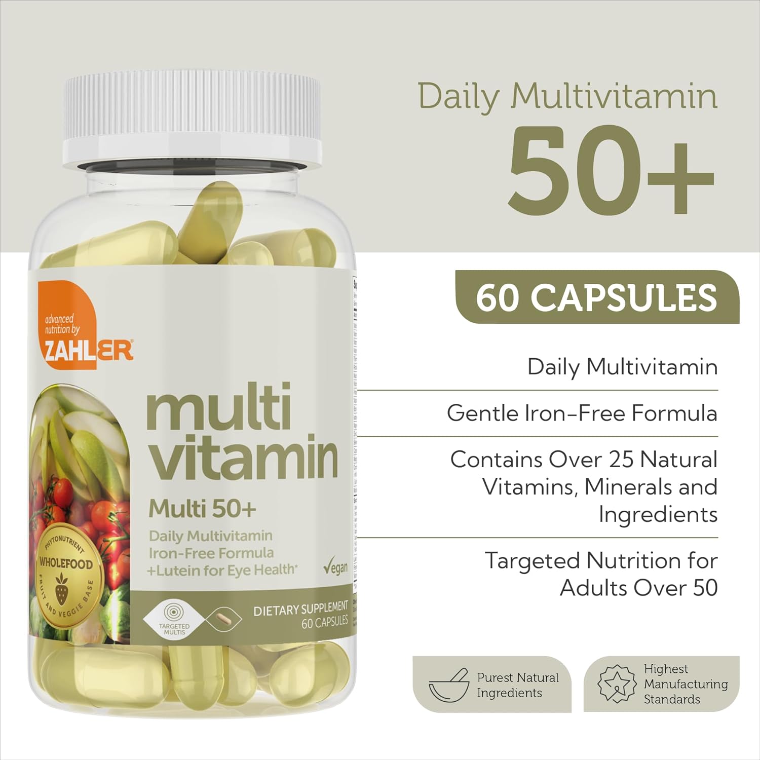 Zahler Multivitamin 50+, Iron-Free Formula + Lutein for Eye Health, 60 Capsules.