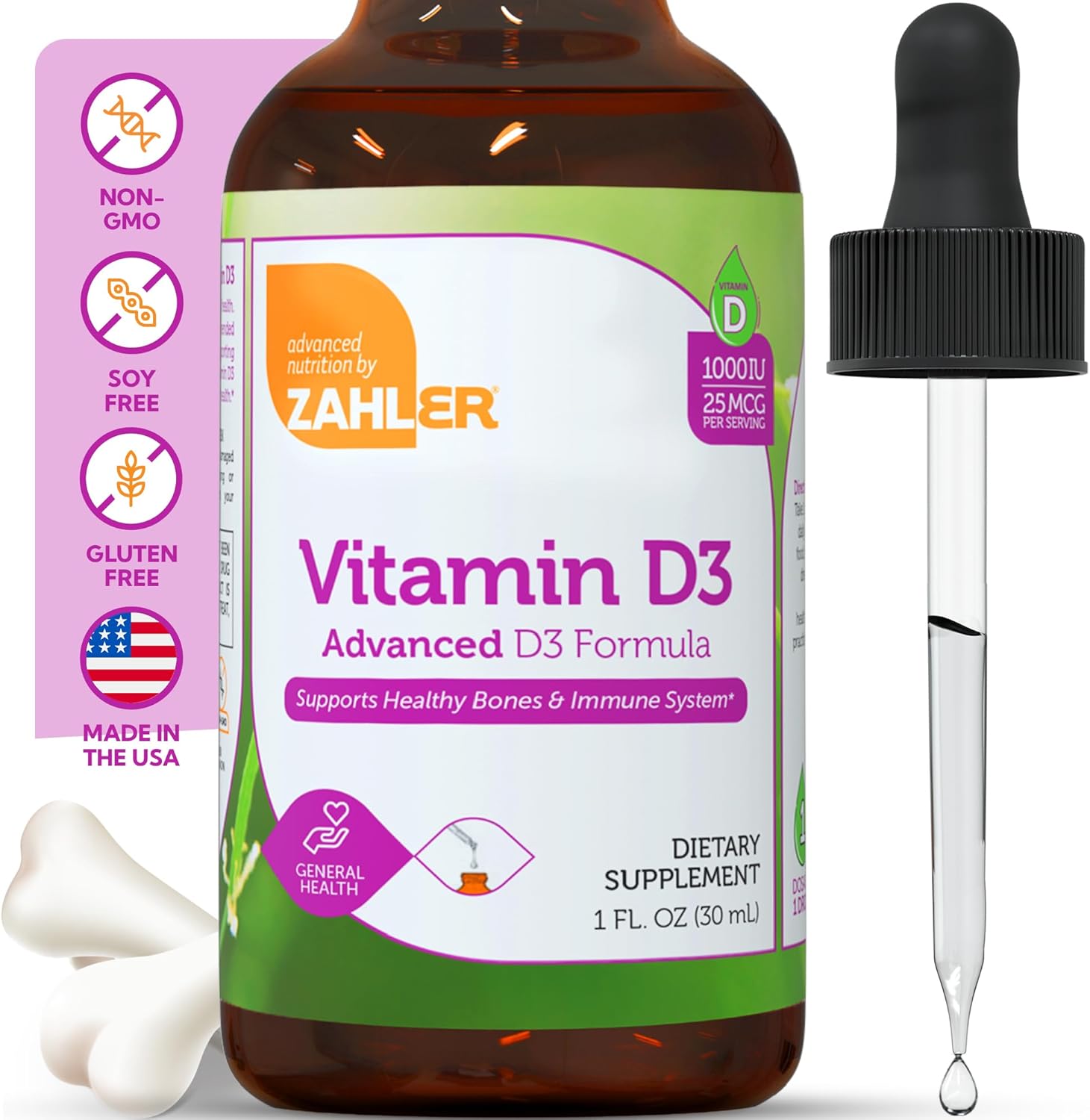 Zahler Liquid Vitamin D3 1000 IU Adult Supplement for Women & Men Vitamin D3 Drops (1 fl oz)