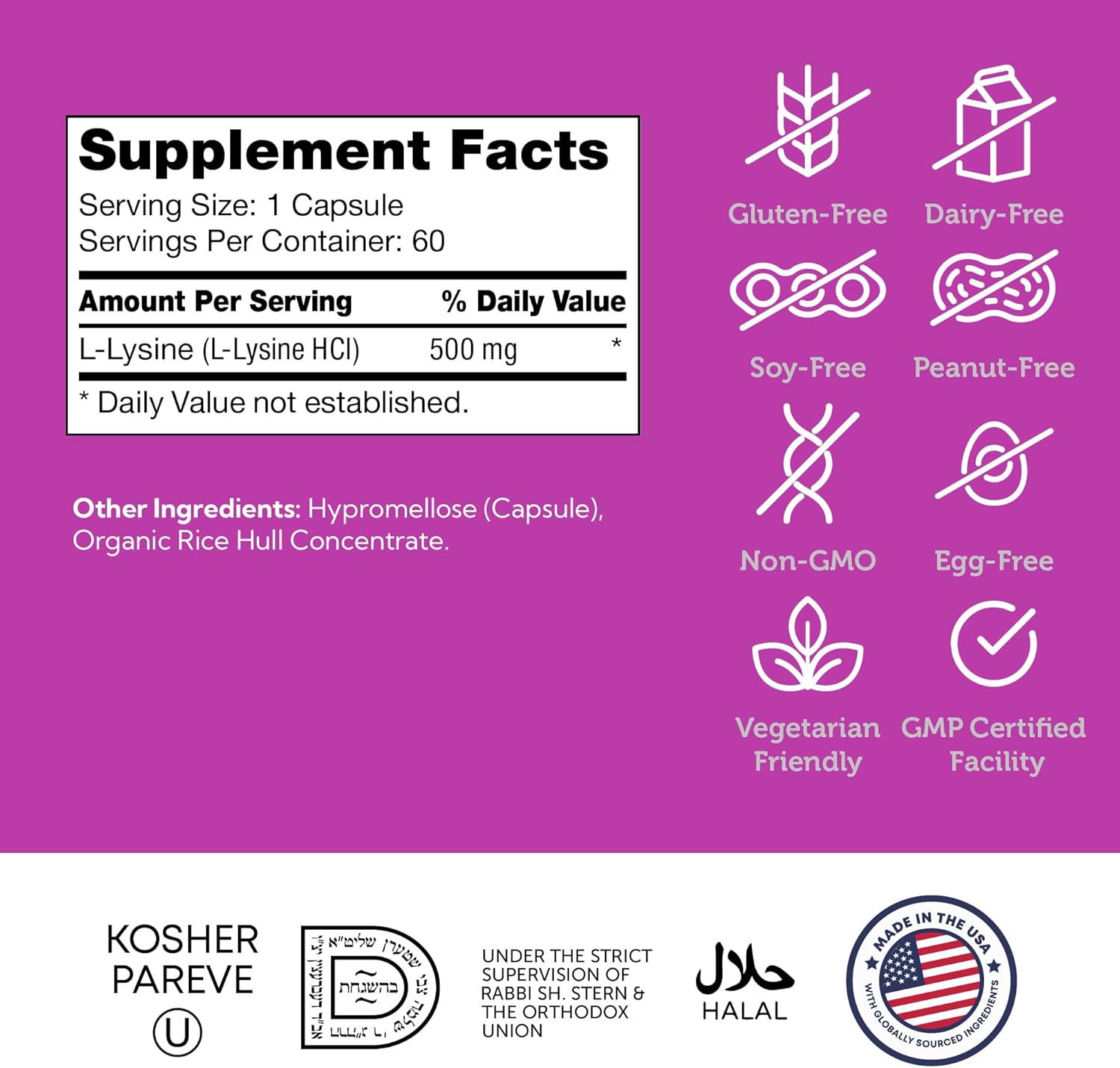 Zahler L-Lysine 500mg, Freeform L-Lysine Supplement, Kosher 60 Capsules