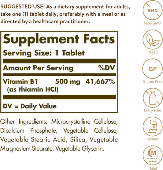 Solgar Vitamin B1 (Thiamin) 500 Mg, 100 Tablets - Energy Metabolism, Healthy Nervous System