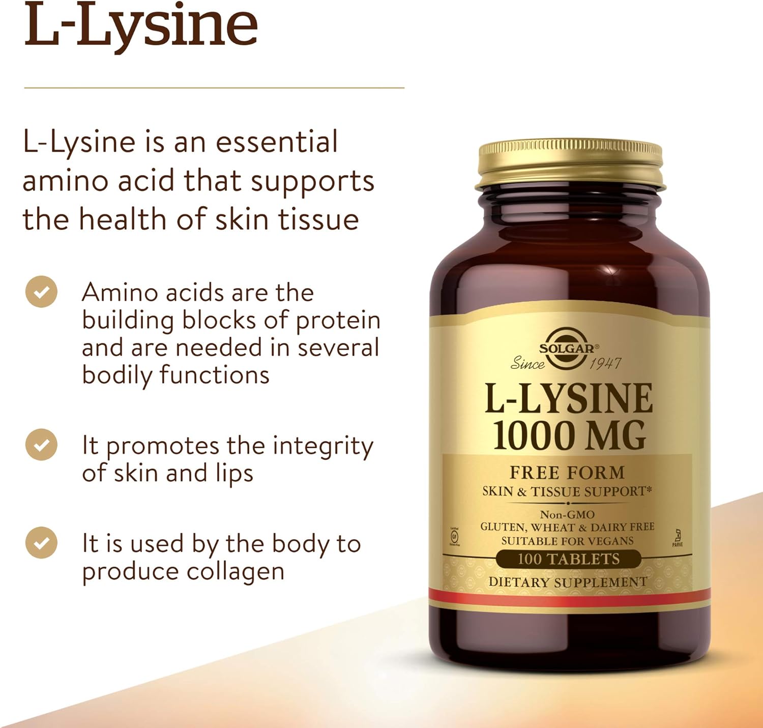 Solgar L-Lysine 1000 mg, 100 Tablets - Skin & Tissue ,Collagen Support - Amino Acids