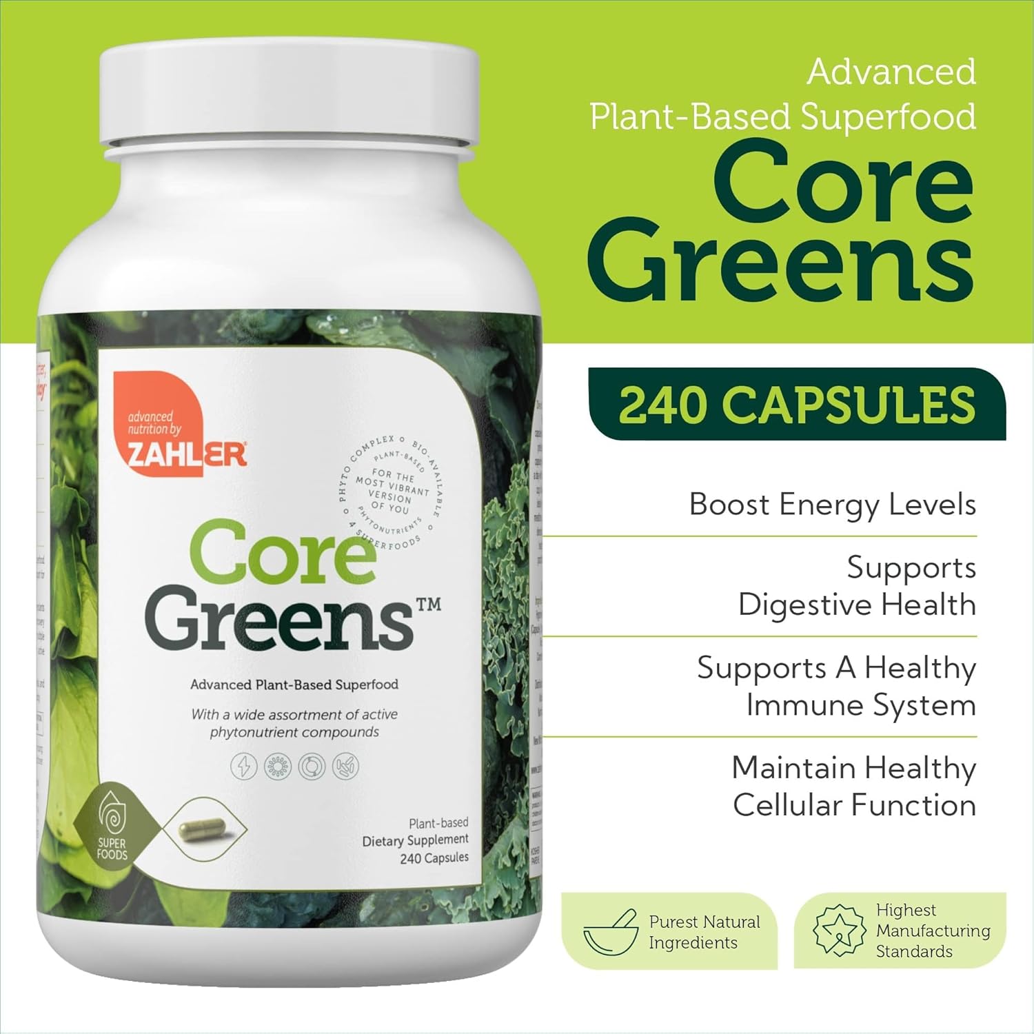 Zahler Core Greens, Superfood Greens Capsules, Super Greens with Spirulina, Chlorella, Spectra Blend and More, Kosher, 240 Capsules