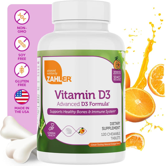 Zahler Vitamin D3 CHEWABLE 2000IU Certified Kosher, 120 Great Tasting Orange Flavored Tablets