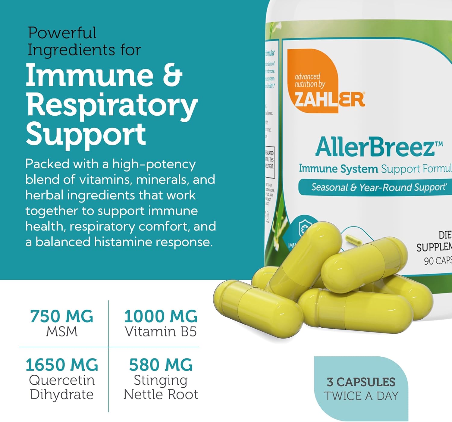 Zahler AllerBreez Immune System Support Formula with Vitamin C, Quercetin, Vitamin B5, MSM & Stinging Nettle (90 Capsules)