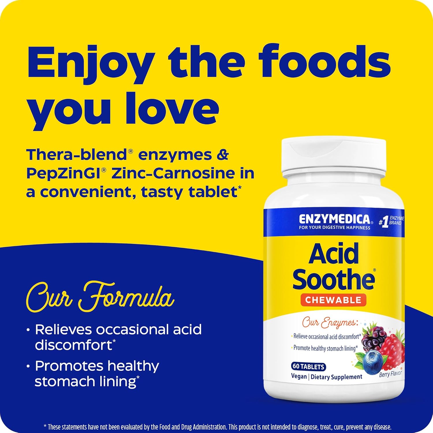 Enzymedica Acid Soothe® Chewable, Berry, 60 Tablets Helping to Strengthen the Stomach Lining