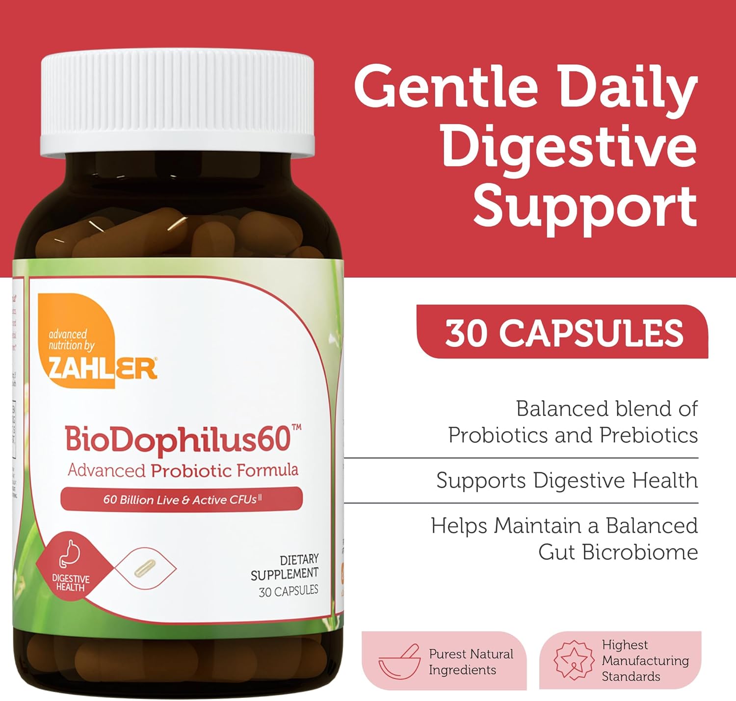 Zahler Biodophilus, 60 Billion Live Cultures Per Serving, Supports Digestive Health,Certified Kosher, 30 Capsules