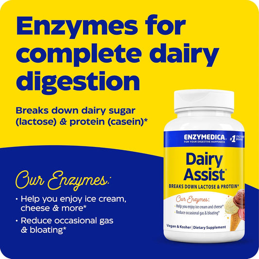 Enzymedica, DairyAssist, Digestive Enzymes for Complete Dairy Digestion & Lactose Intolerance, 30 Count