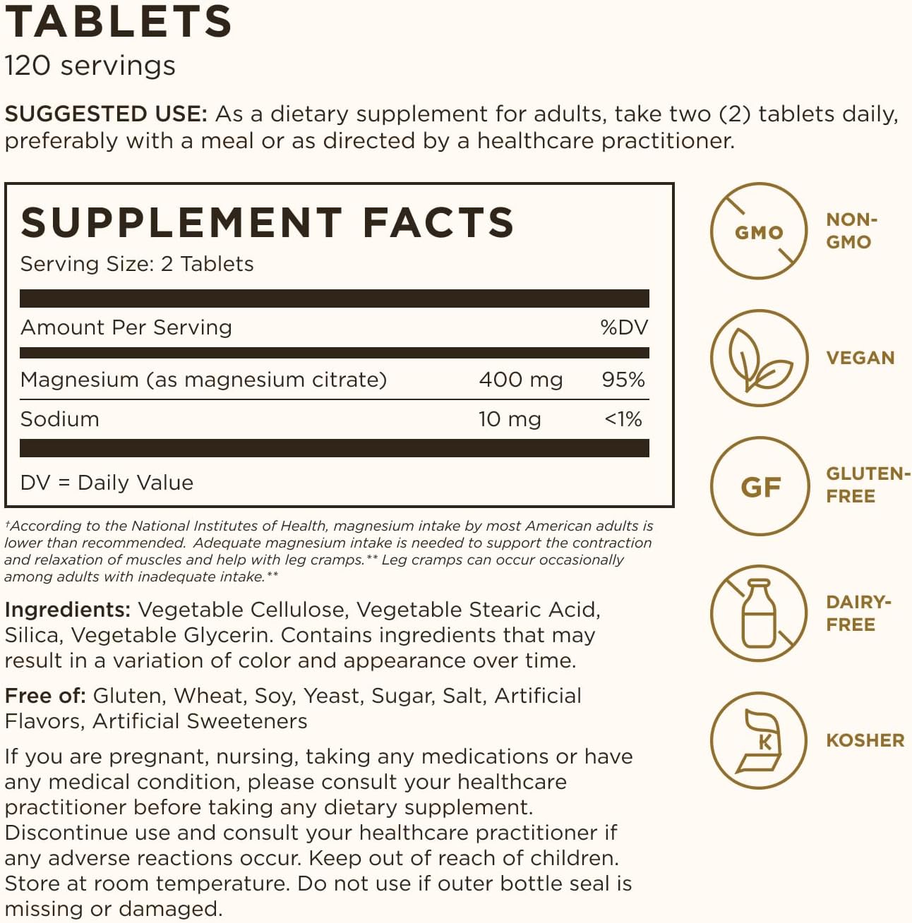Solgar Magnesium Citrate, 120 Tablets - Promotes Healthy Bones - Supports Nerve & Muscle Function - 60 Servings