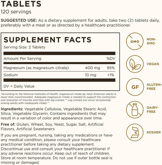 Solgar Magnesium Citrate, 60 Tablets - Promotes Healthy Bones - Supports Nerve & Muscle Function - Non GMO, Vegan, Gluten Free, Dairy Free, Kosher - 60 Servings, Standard Packaging