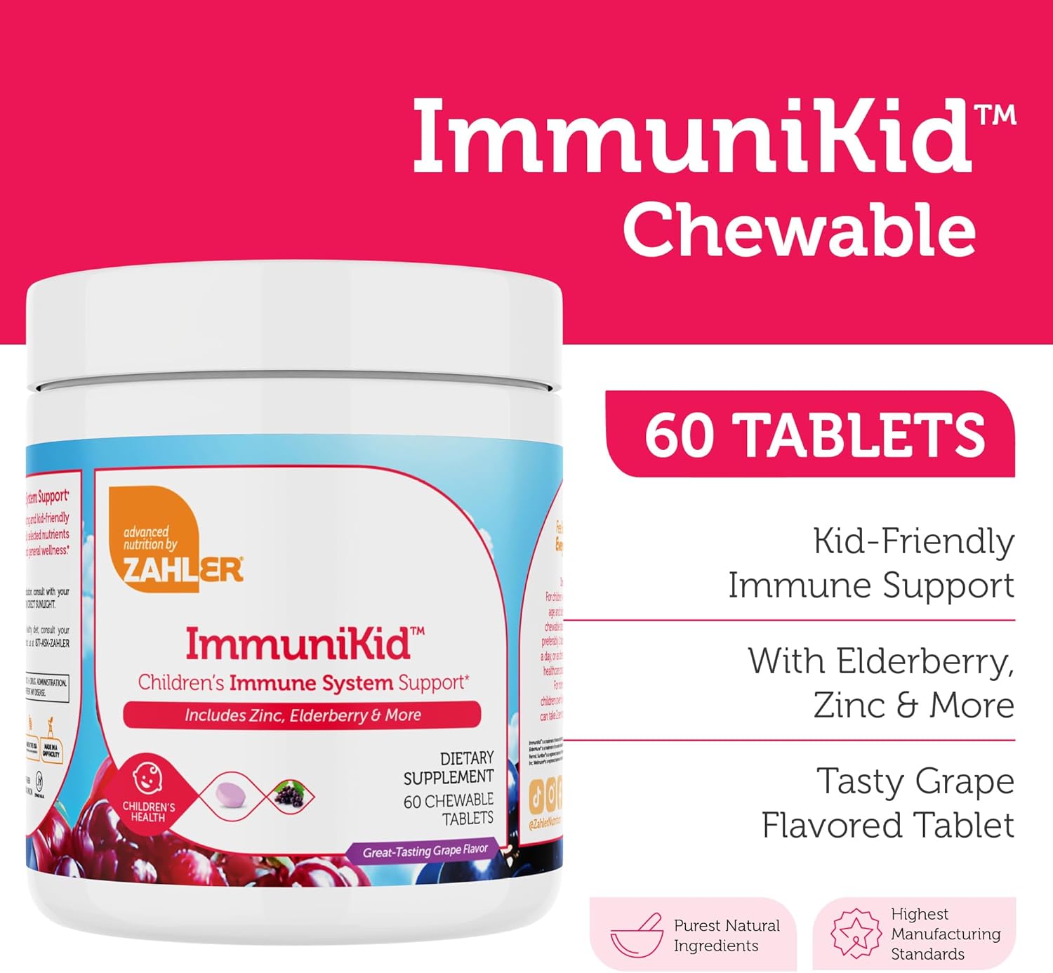 Zahler Kids Immune Support Supplement with Elderberry, Zinc and Vitamin C D3 A - Grape Flavored Chewable Tablets 60 Count