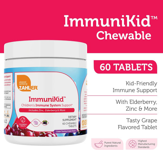 Zahler Kids Immune Support Supplement with Elderberry, Zinc and Vitamin C D3 A - Grape Flavored Chewable Tablets 60 Count