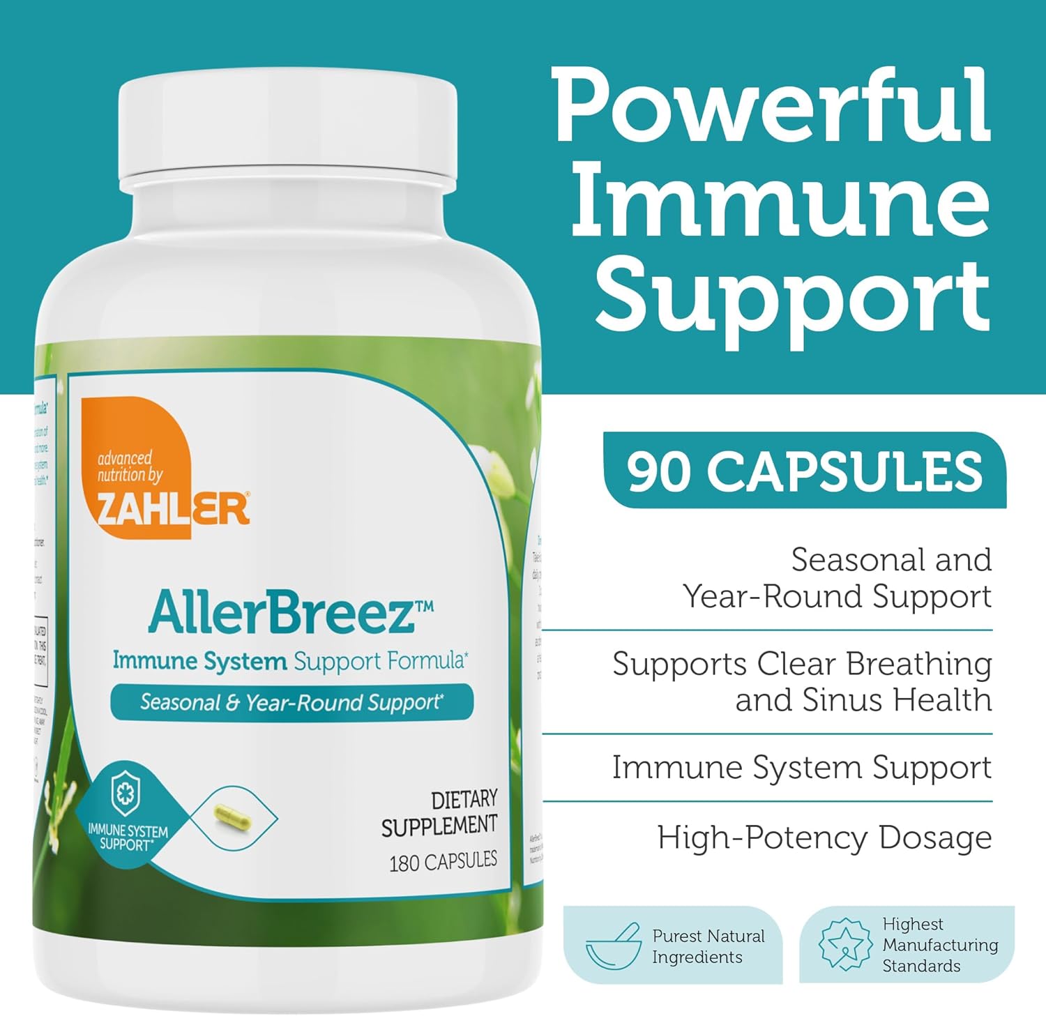 Zahler AllerBreez Immune System Support Formula with Vitamin C, Quercetin, Vitamin B5, MSM & Stinging Nettle (180 Capsules)