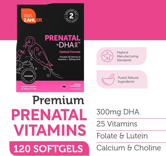 Zahler Prenatal Vitamin with DHA & Folate - DHA Supplements & Prenatal Multivitamin for Mother and Child Pre Natal Softgels (120 Count (Pack of 1))