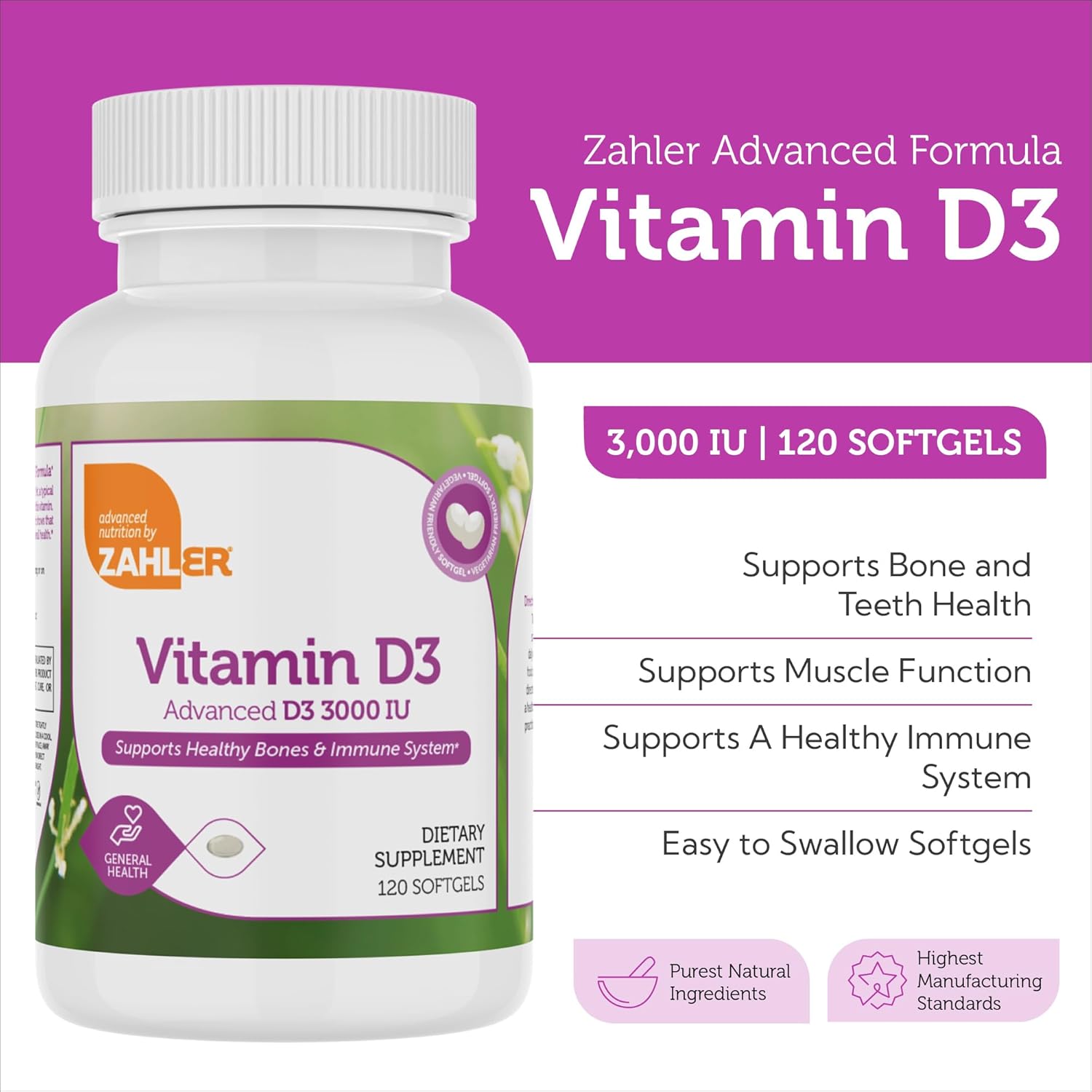 Zahler - Advanced Vitamin D3 3000 IU Softgels (120 Count) for Immune Support, Bone, Teeth & Muscle Health