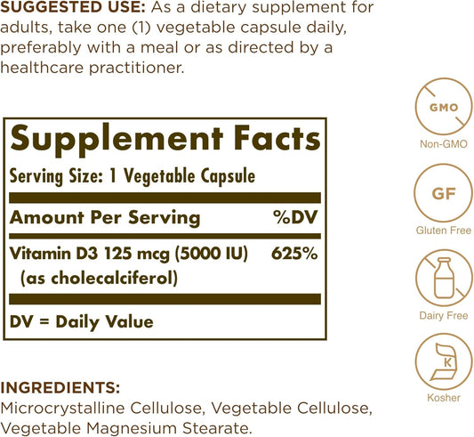 SOLGAR Vitamin D3 (Cholecalciferol) 125 mcg (5000 IU) - 60 Vegetable Capsules