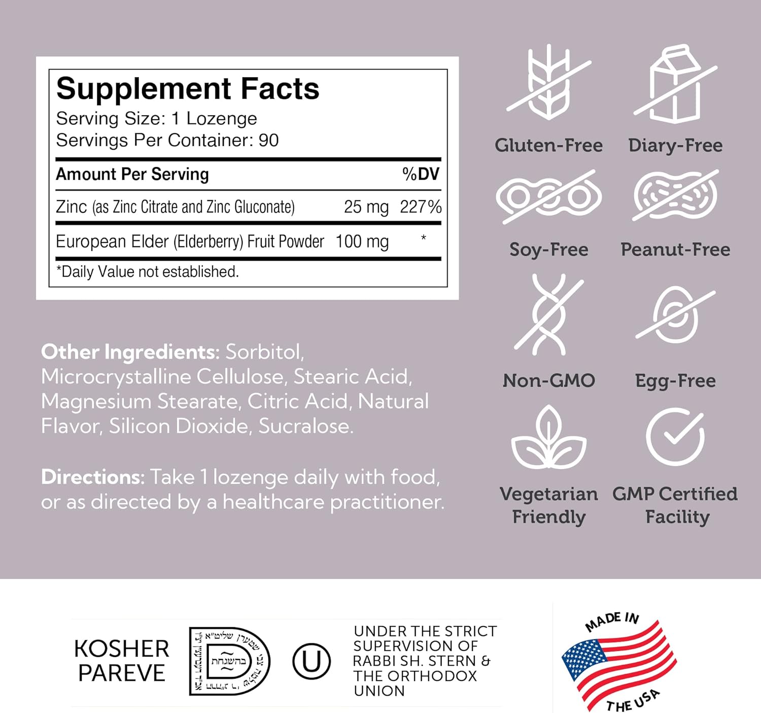 Zahler Elderberry Zinc Lozenges for Adults & Kids - Delicious Chewable Zinc & Sambucus Elderberry Lozenges for Immune Support - Kosher, Made in USA - Zinc Supplements for Men & Women (90 Count)