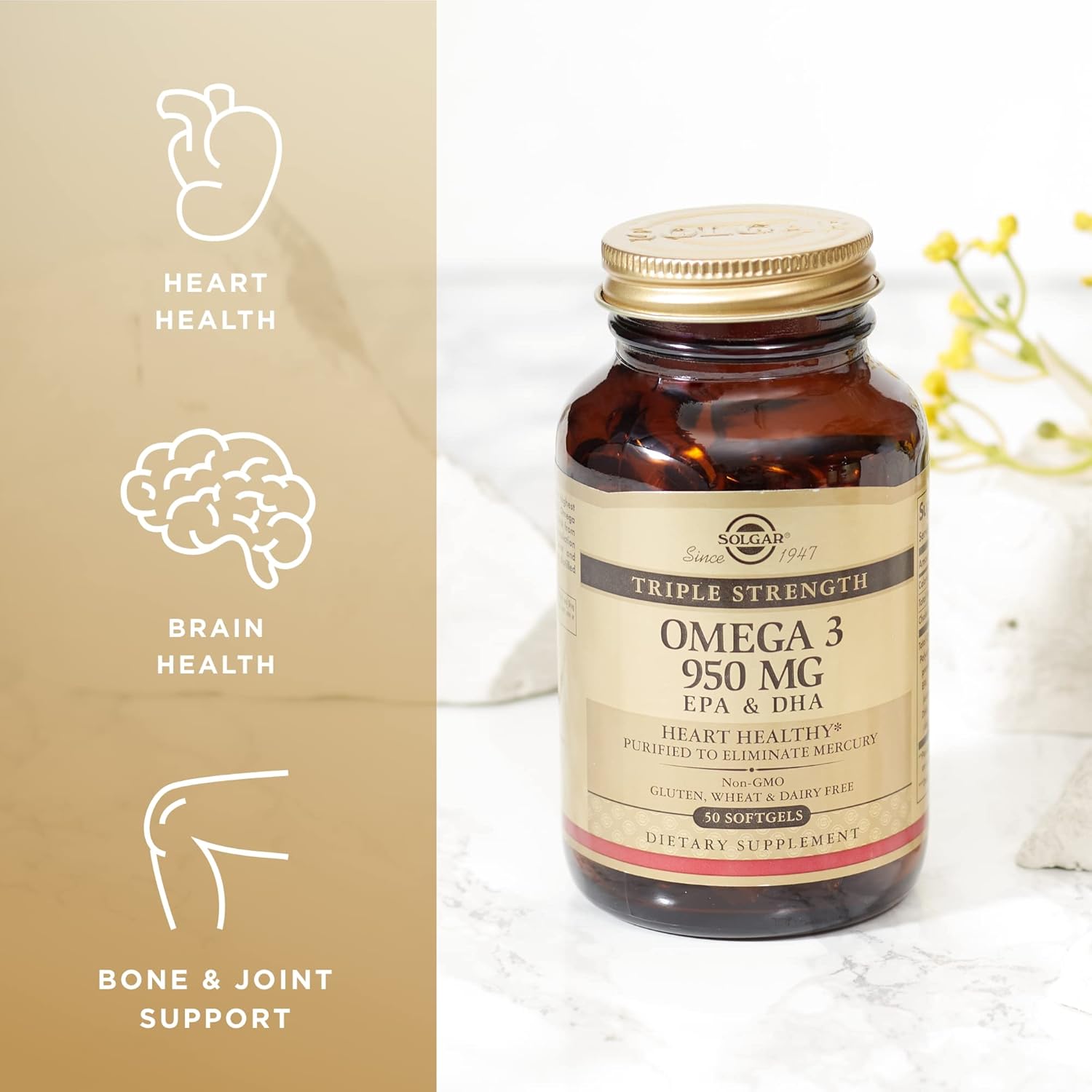 SOLGAR Triple Strength Omega 3 950 mg - 50 Softgels - Supports Joint & Skin Health