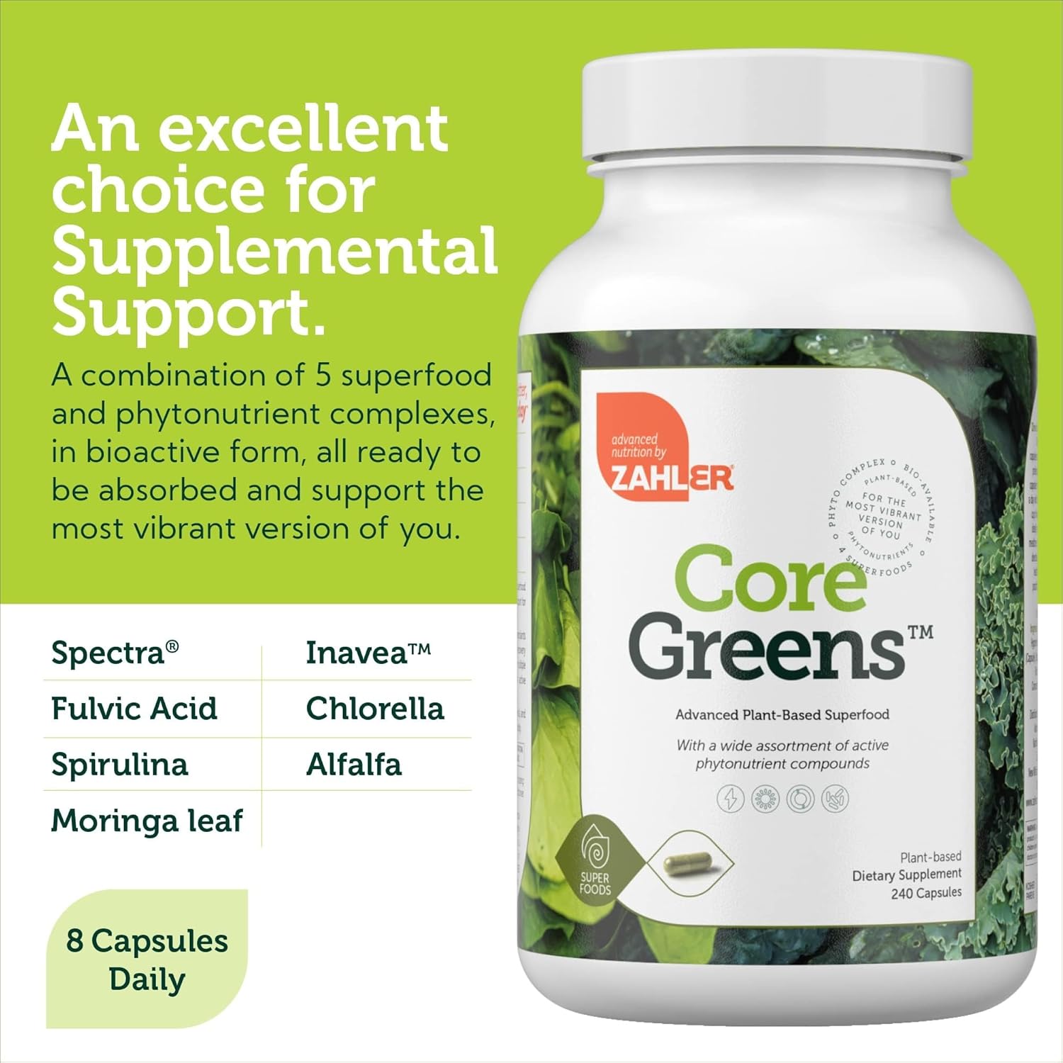 Zahler Core Greens, Superfood Greens Capsules, Super Greens with Spirulina, Chlorella, Spectra Blend and More, Kosher, 240 Capsules
