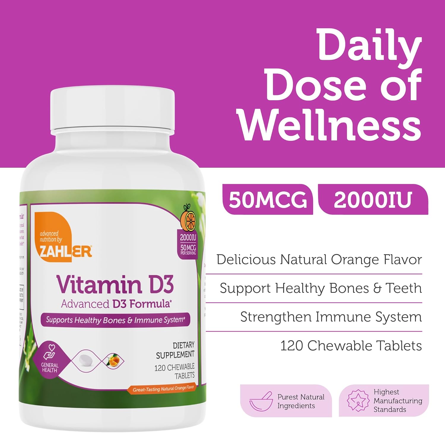 Zahler Vitamin D3 CHEWABLE 2000IU Certified Kosher, 120 Great Tasting Orange Flavored Tablets