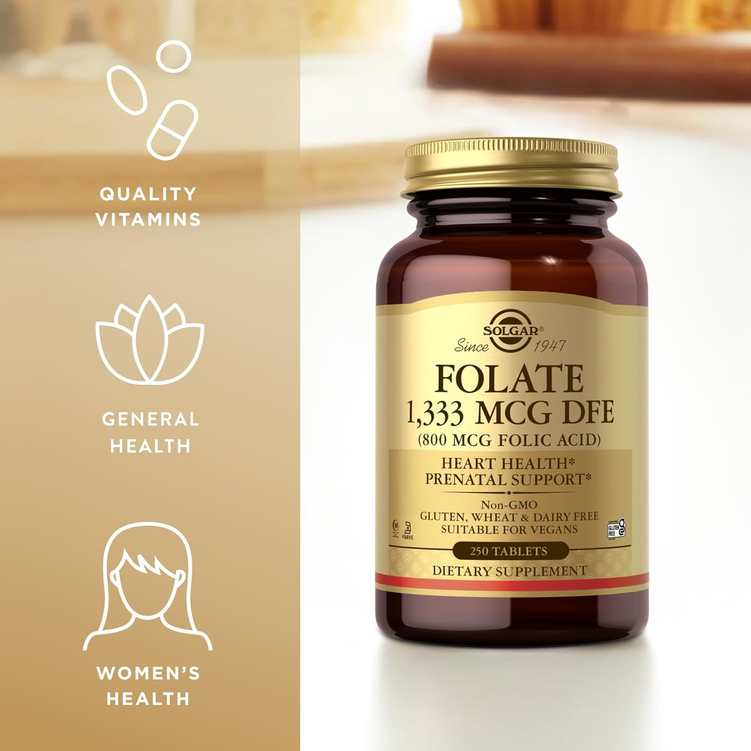 SOLGAR Folate 1,333 mcg DFE (Folic Acid 800 mcg) - 250 Tablets - Prenatal Support