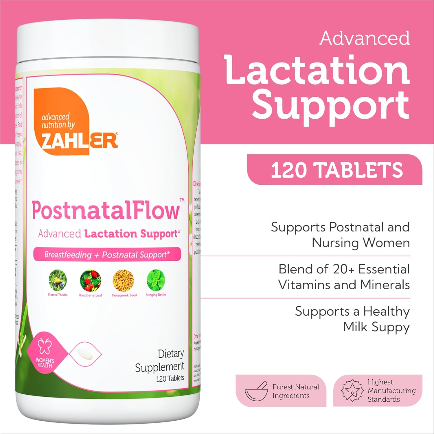 Zahler Postnatal Flow for Advanced Lactation Support, Breastfeeding + Postnatal Support, 120 Tablets.