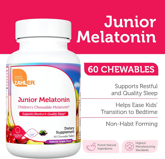 Zahler Junior Melatonin, Natural Grape, 60 Chewable Tablets (1 mg per Tablet)