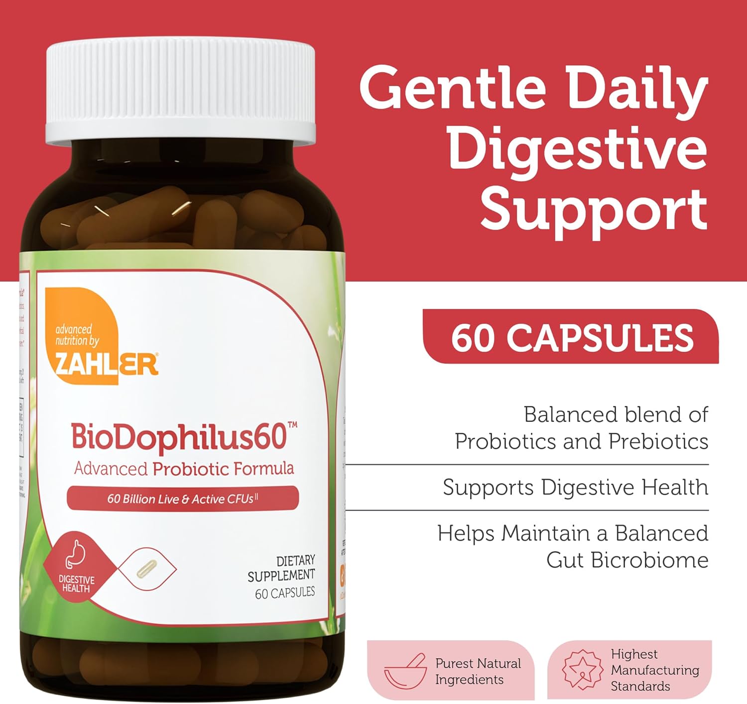 Zahler Biodophilus, 60 Billion Live Cultures Per Serving, Supports Digestive Health,Certified Kosher, 60 Capsules